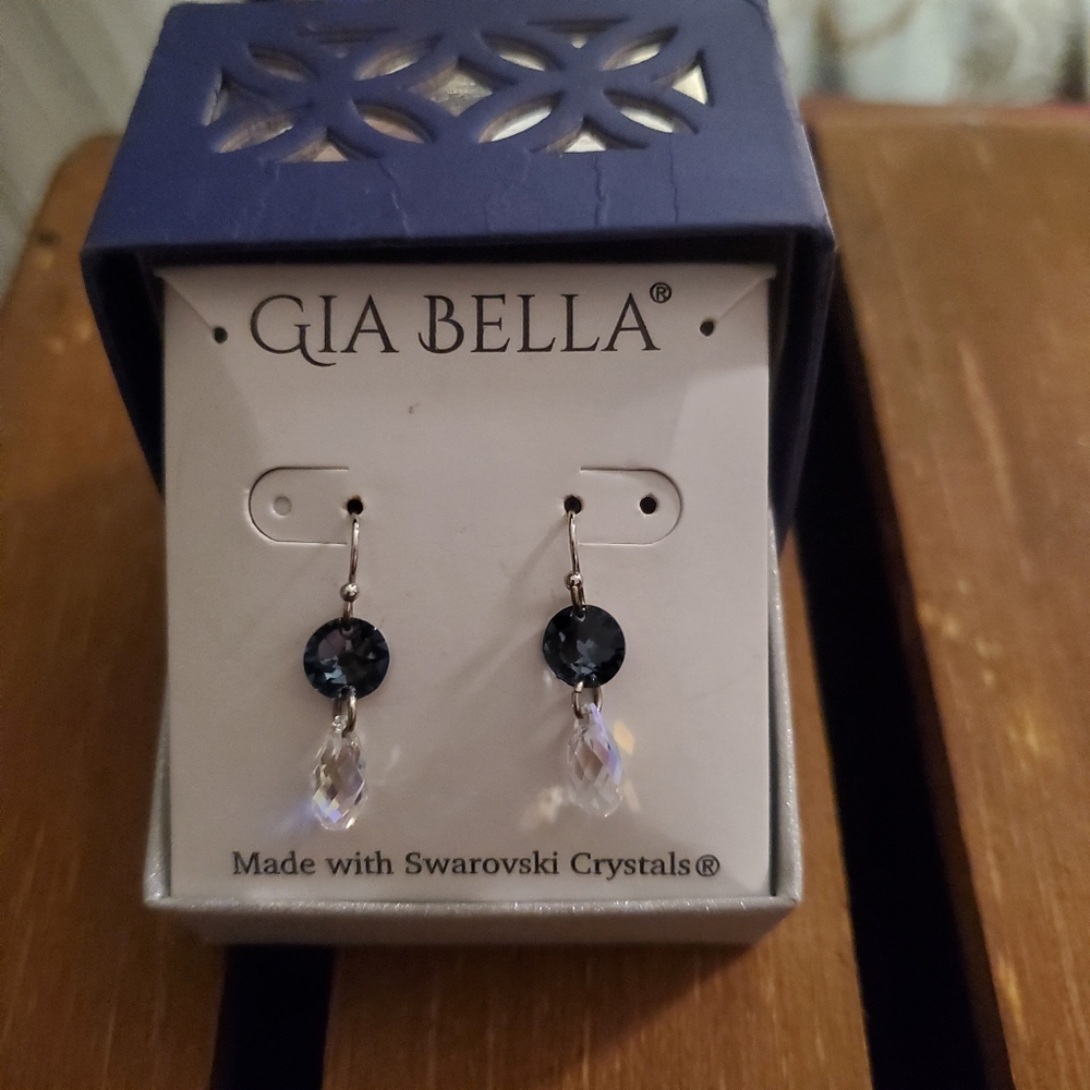 NWOT Gia Bella Swarovski Crystal Dangle Drop Earrings, Silver/Blue,/Clear